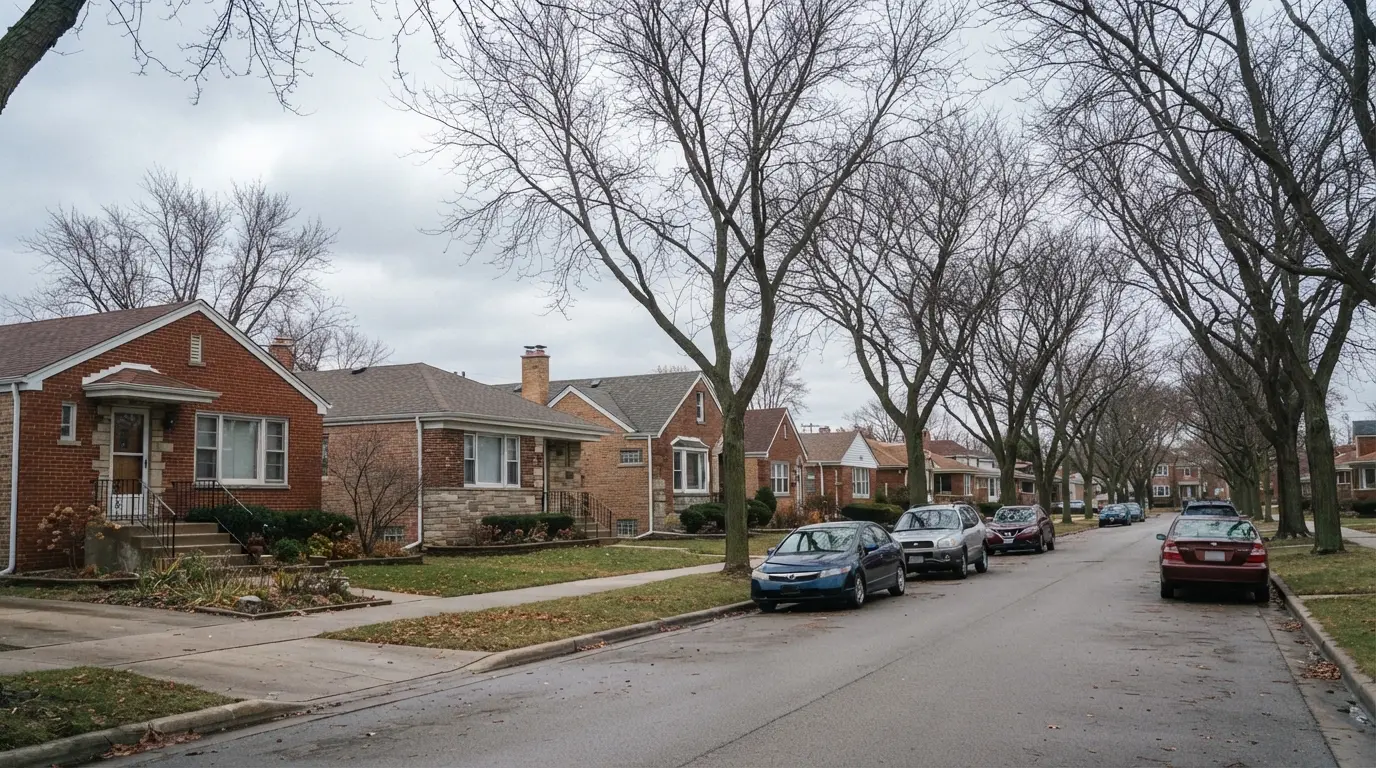 Tree-lined street of brick bungalows in a Chicago-area suburb