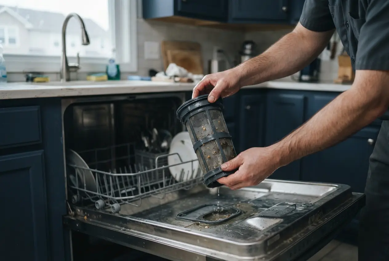 Lifting the filter out of the bottom of an open dishwasher