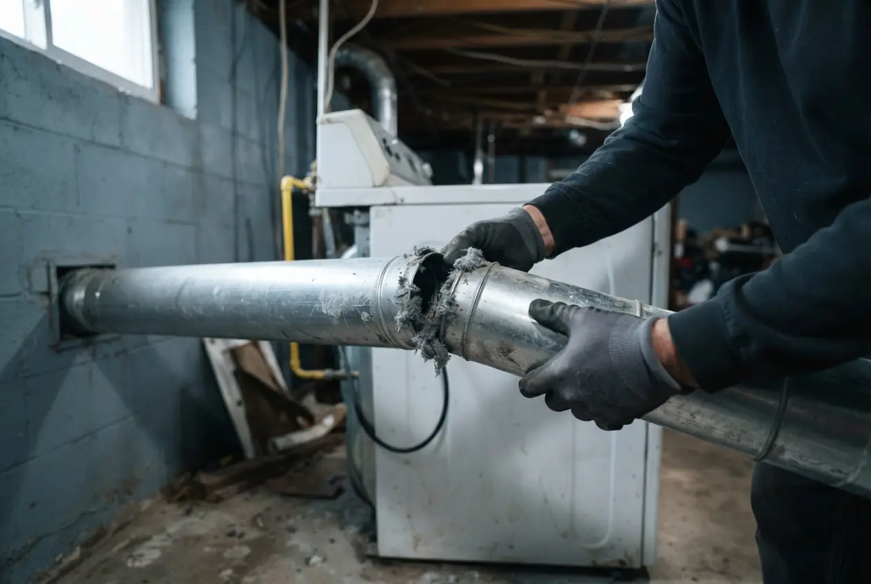Gloved hands holding a lint-clogged section of metal dryer vent duct in a basement