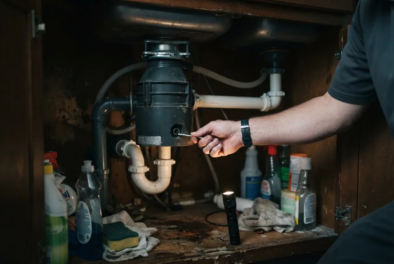 Hand using a hex key on a garbage disposal under a kitchen sink