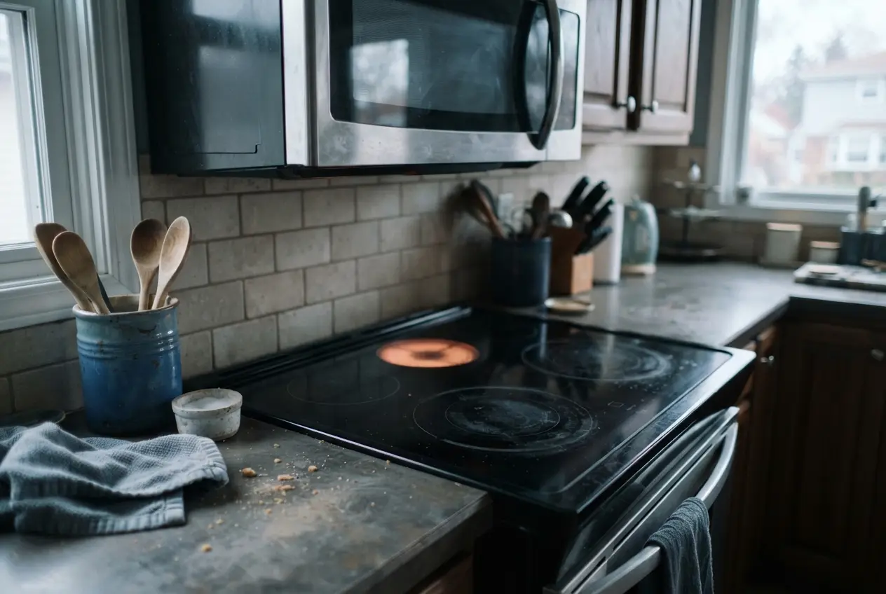Glass cooktop with one burner glowing beneath an over-the-range microwave