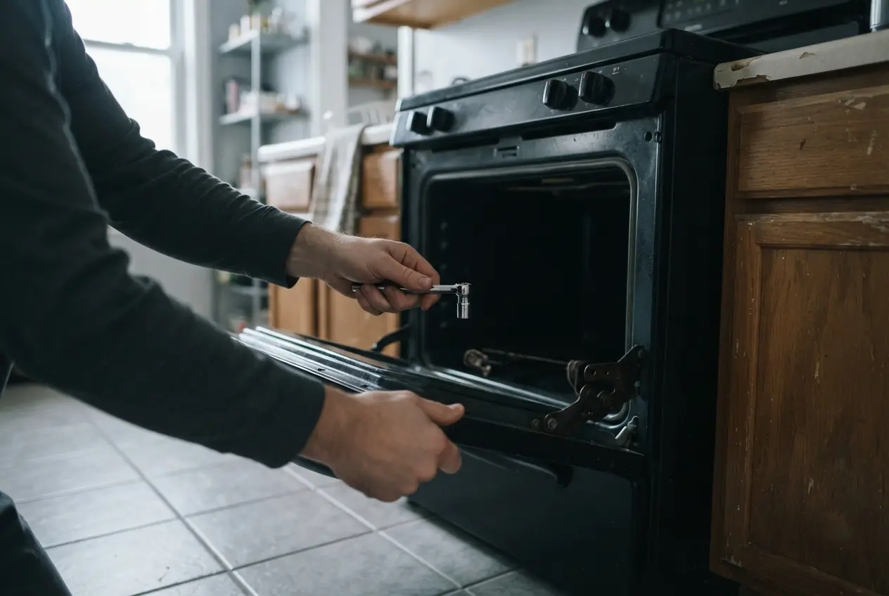 Hands working at the open door of a kitchen range oven