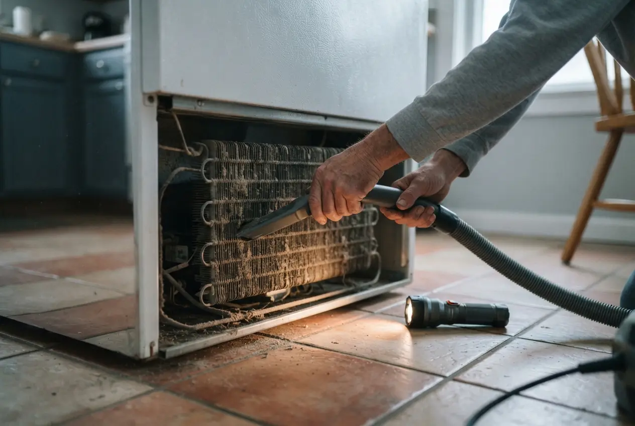 Hands vacuuming dust from a refrigerator condenser coil, flashlight on the kitchen floor