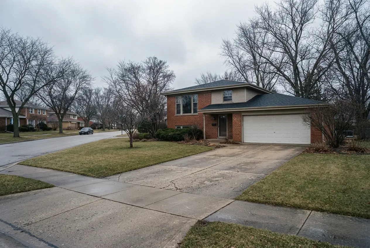 Brick split-level house with a driveway on a suburban street
