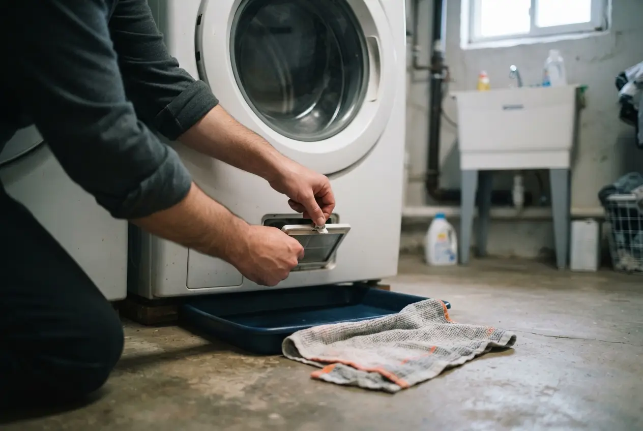 Opening the drain pump filter door on a front-load washer, with a towel and pan on the floor